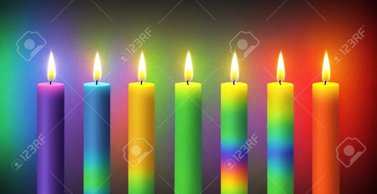 Conjunto de velas de arco-íris. Elemento vetorial. Vela ardente. Arco-íris