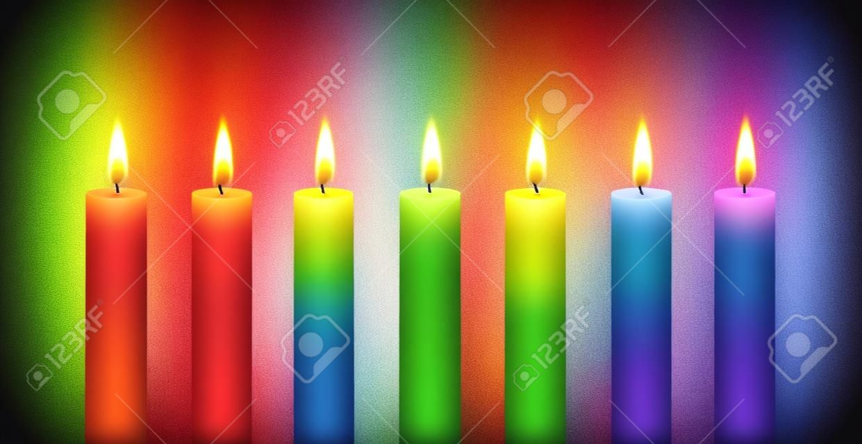 Set von Regenbogen-Kerzen. Vektor-Element. Brennende Kerze. Regenbogen
