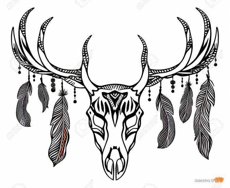 Контурная иллюстрация оленей черепа с рогами и перьями с богемного рисунком. Вектор каракули элемент для печати на футболки, татуировки эскиз, открытки и вашего творчества