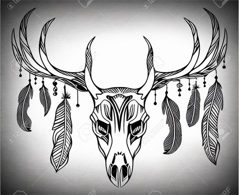 Contour illustration of a deer skull with antlers and feathers with boho pattern. Vector doodle element for printing on T-shirts, tattoo sketch, postcards and your creativity