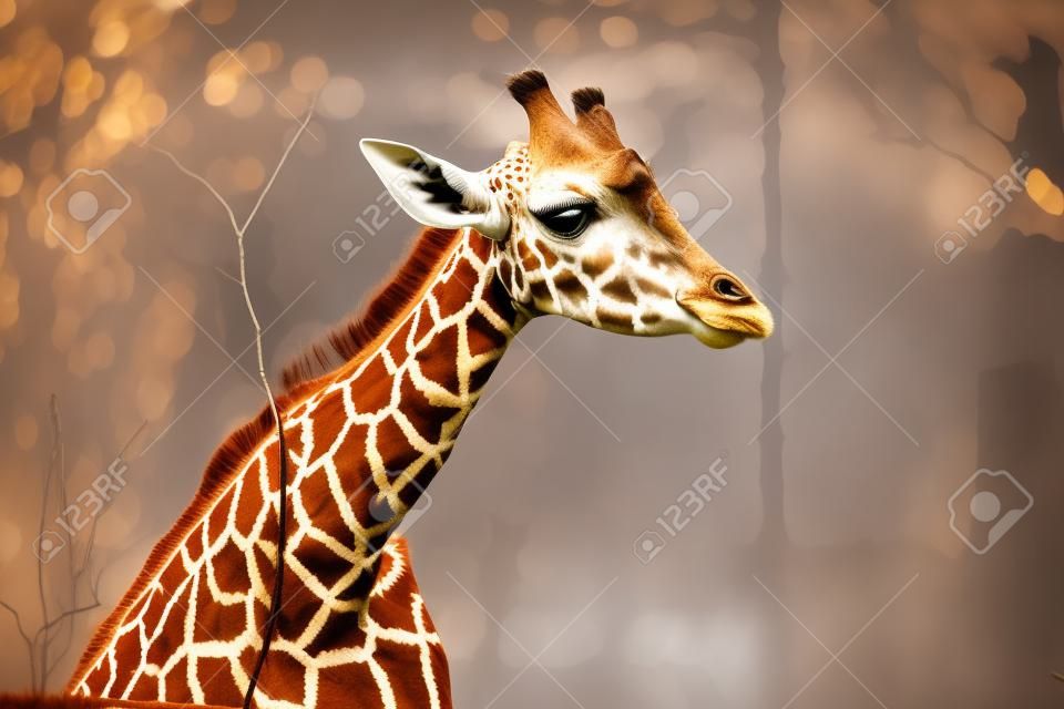 Z bliska portret młodej afrykańskiej żyrafy nowo zauważonej w pochmurną pogodę w zimnych porach roku