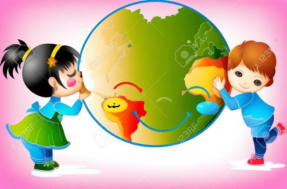 Kids kissing and hugging happy and smiling planet Earth