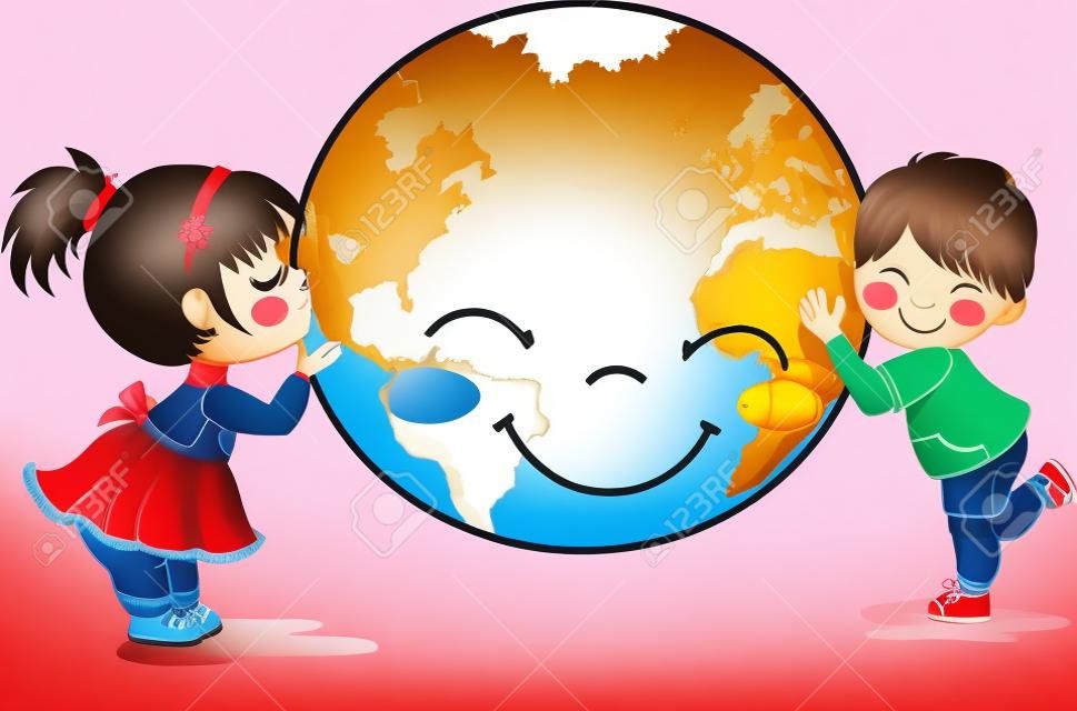 Kids kissing and hugging happy and smiling planet Earth