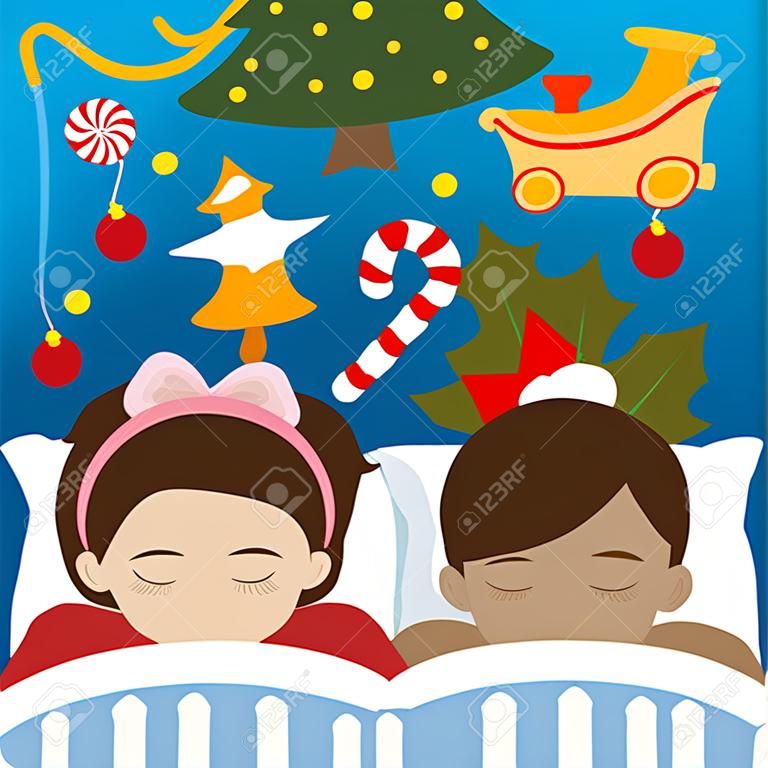 Três crianças dormem na noite de Natal, sonhando com os doces e presentes que encontrarão de manhã