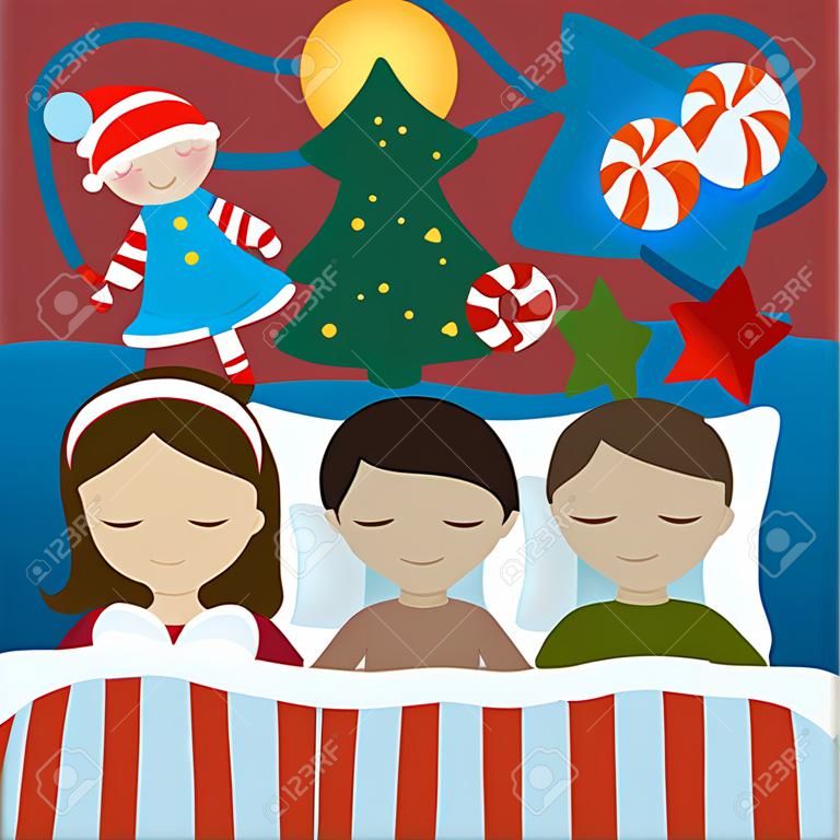 三个孩子在圣诞夜睡觉，梦见糖果和早上发现的礼物。