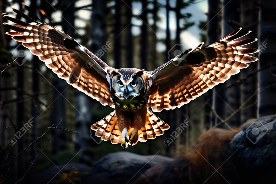 Flying owl in the wild