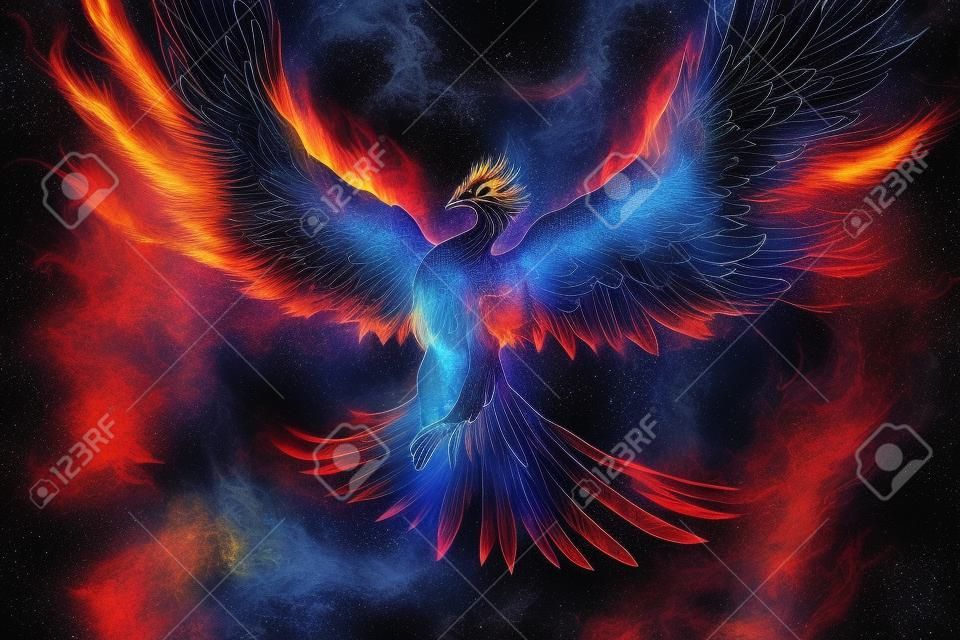 Una meravigliosa fenice fiammeggiante nello spazio profondo con venature blu illustrazione ai generativa