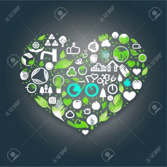 concetto di ecologia - cuore elemento di design fatto da icone e dei simboli