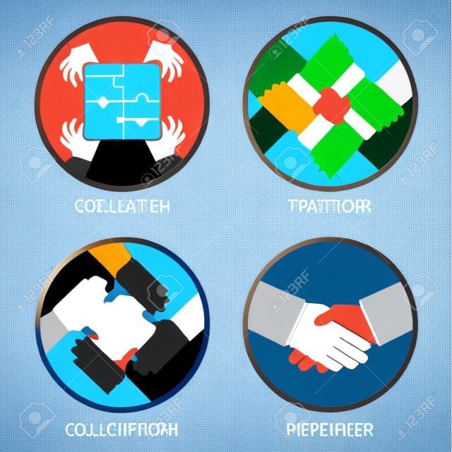 Wektor koncepcji pracy zespołowej i współpracy w stylu płaskiej - o partnerstwie i współpracy ikony - biznesmenów ręce