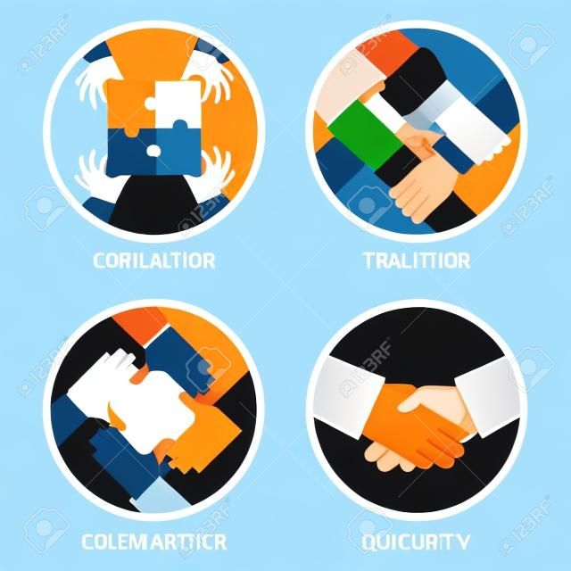 Vektor csapatmunka és együttműködés koncepcióját lapos stílus - a partnerség és együttműködés, ikonok - üzletemberek kezében