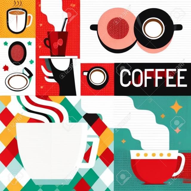 Vector coffee poster or greeting card template in flat retro style - illustration for coffee shop or cafe