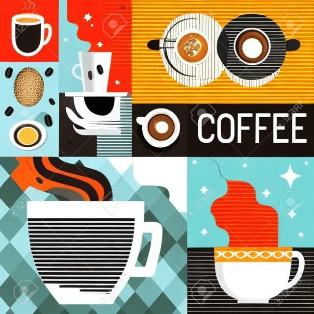 평면 복고 스타일 벡터 커피 포스터 또는 인사말 카드 서식 - 커피 숍 또는 카페 용 그림