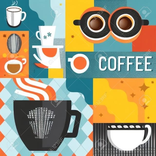 Vector coffee poster or greeting card template in flat retro style - illustration for coffee shop or cafe