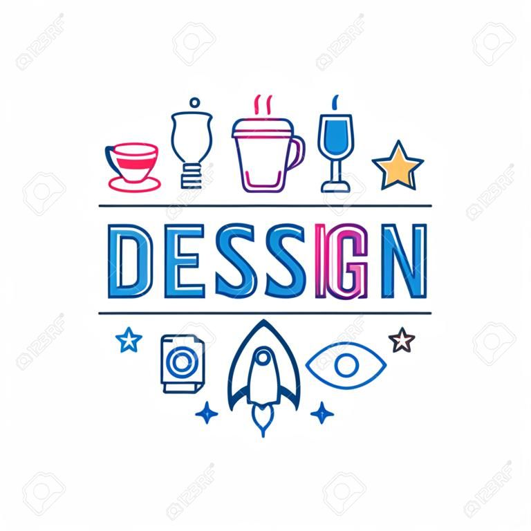 Vector logo design lineare concetto - illustrazione con icone e dei simboli legati alla progettazione grafica e processo creativo