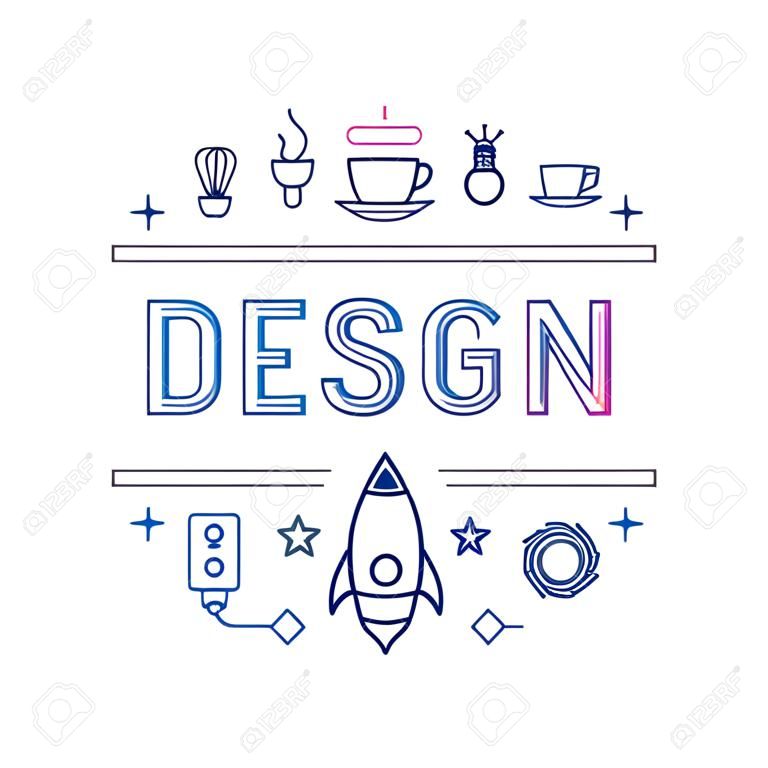 벡터 선형 로고 디자인 개념 - 그래픽 디자인 및 창작 과정에 관련된 아이콘 및 징후 그림
