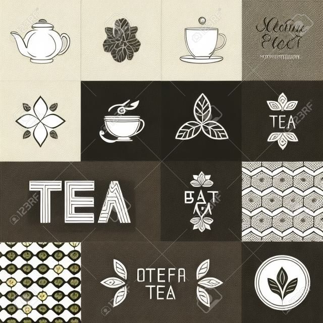 茶叶包装设计元素矢量时尚单线式线性手刻字无缝模式和图标