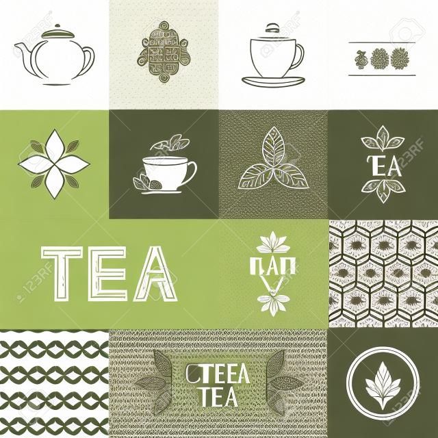 Elementos de design de pacote de chá de vetor no estilo moderno de linha mono - lineares, letras de mão, padrões sem emenda e ícones