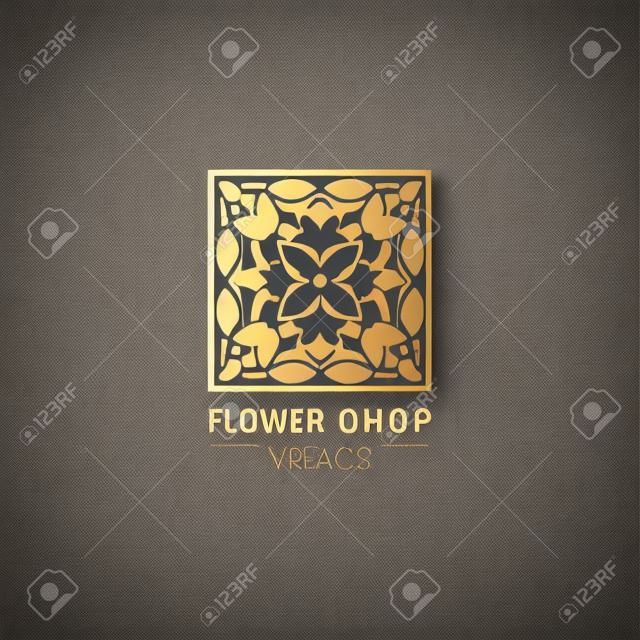 Vector streszczenie logo szablon w stylu modnej linii mono - emblemat na kosmetyki organiczne, studia kwiaciarni, kwiaciarni - wykonane w gloden folii na ciemnym tle
