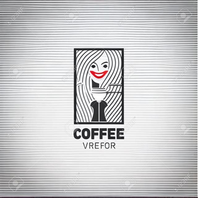 Vector logo ontwerp template in trendy lineaire stijl voor koffieshop of cafe - mooie en glimlachende vrouw met hete kopje thee - mono lijn illustratie