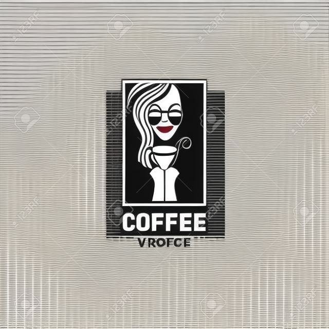 Vector logo ontwerp template in trendy lineaire stijl voor koffieshop of cafe - mooie en glimlachende vrouw met hete kopje thee - mono lijn illustratie