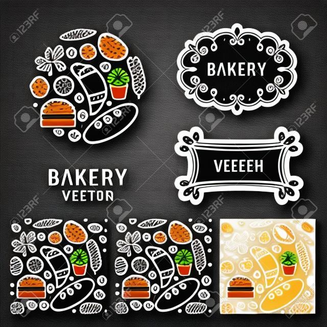 Wektor zestaw elementów projektu logo z ikonami w modnych ikon liniowych i wzorów bez szwu - abstrakcyjnego znaku do piekarni, kawiarni, cukierni lub sweet-shop - świeże i smaczne jedzenie