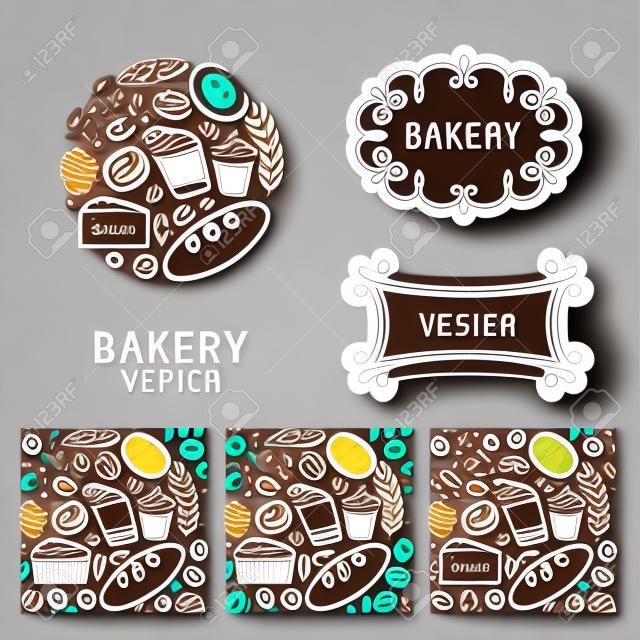 Wektor zestaw elementów projektu logo z ikonami w modnych ikon liniowych i wzorów bez szwu - abstrakcyjnego znaku do piekarni, kawiarni, cukierni lub sweet-shop - świeże i smaczne jedzenie
