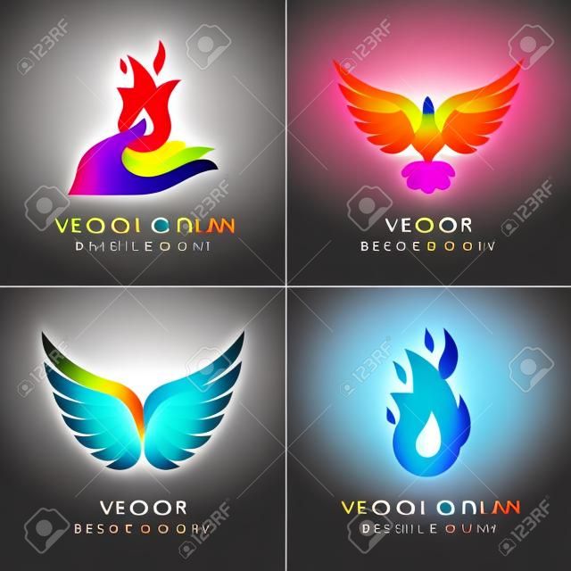 Vector conjunto de conceptos abstractos, los conceptos de diseño de logotipo y emblemas en brillantes colores de degradado - aves fénix y los iconos de fuego