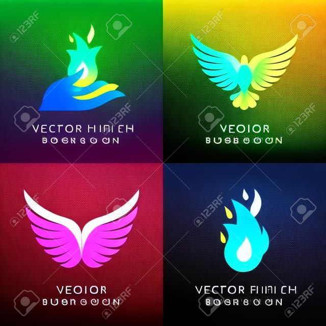 Vector set van abstracte concepten, logo ontwerp concepten en emblemen in heldere gradiënt kleuren - feniks vogels en vuur pictogrammen