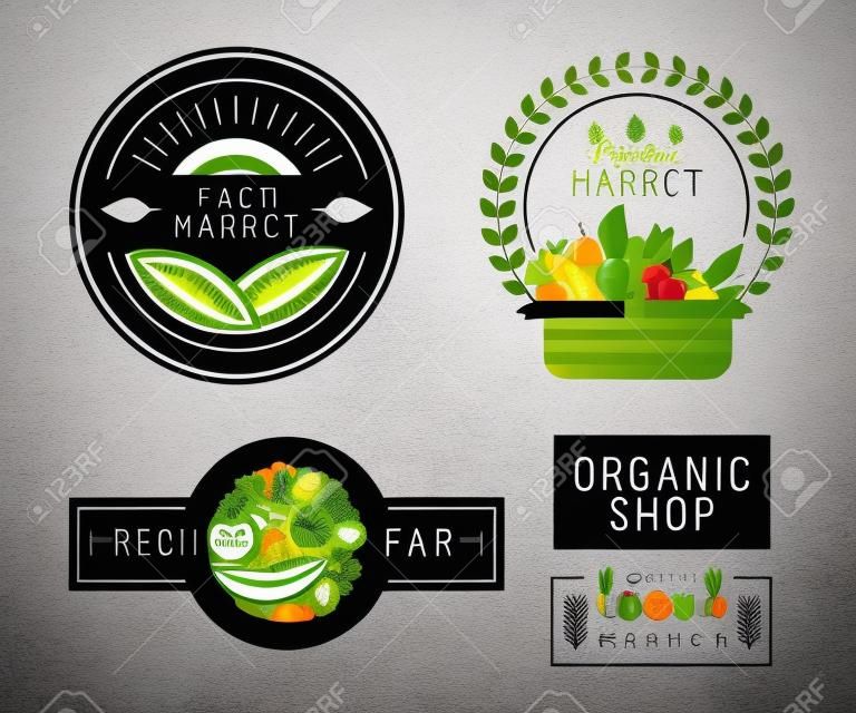 Logo wektor szablon z owoców i warzyw ikony w stylu trendy liniowe - streszczenie emblemat sklepie ekologicznej żywności, zdrowego sklepie lub lokalnym rynku gospodarstwa