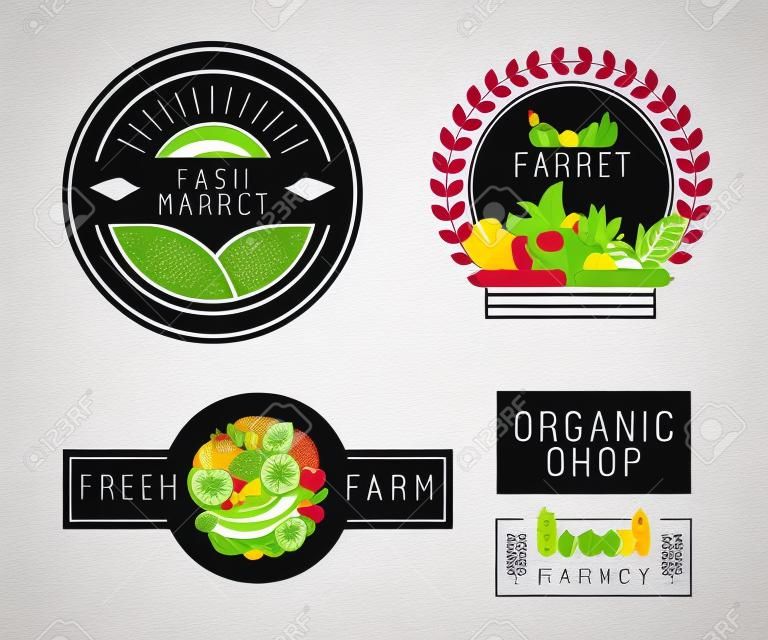 Logo wektor szablon z owoców i warzyw ikony w stylu trendy liniowe - streszczenie emblemat sklepie ekologicznej żywności, zdrowego sklepie lub lokalnym rynku gospodarstwa