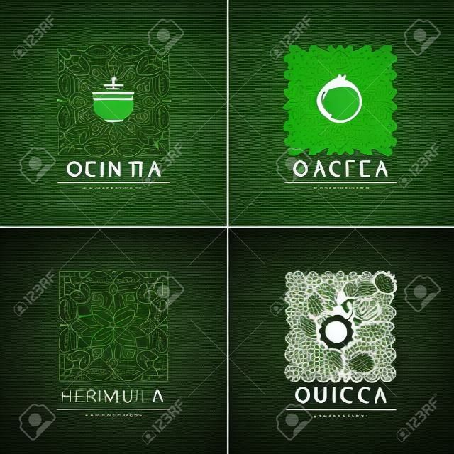 Wektor zestaw logo szablonów projektowych i odznaki w modnym stylu liniowego - czarny, zielony, herbaty ziołowe i owocowe - szablony projektowanie opakowań