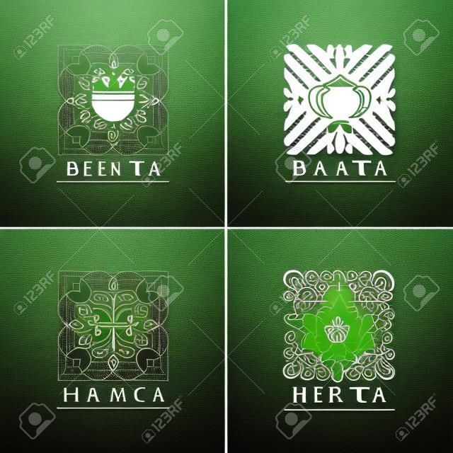 Vector meg a logó sablonok, jelvények divatos lineáris stílus - fekete, zöld, növényi és gyümölcs teák - csomagolás tervezés sablonok