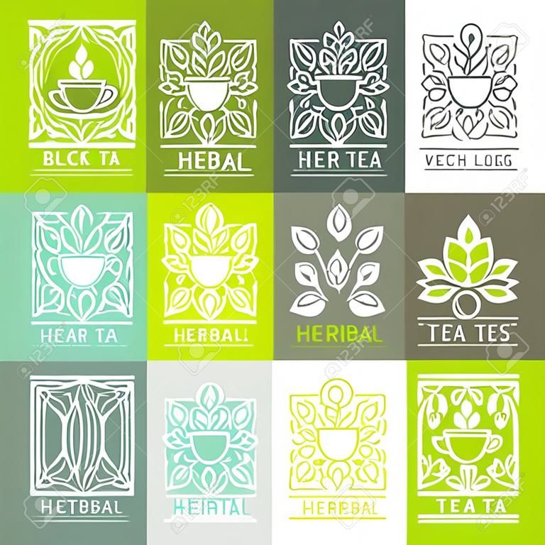 Wektor zestaw logo szablonów projektowych i odznaki w modnym stylu liniowego - czarny, zielony, herbaty ziołowe i owocowe - szablony projektowanie opakowań