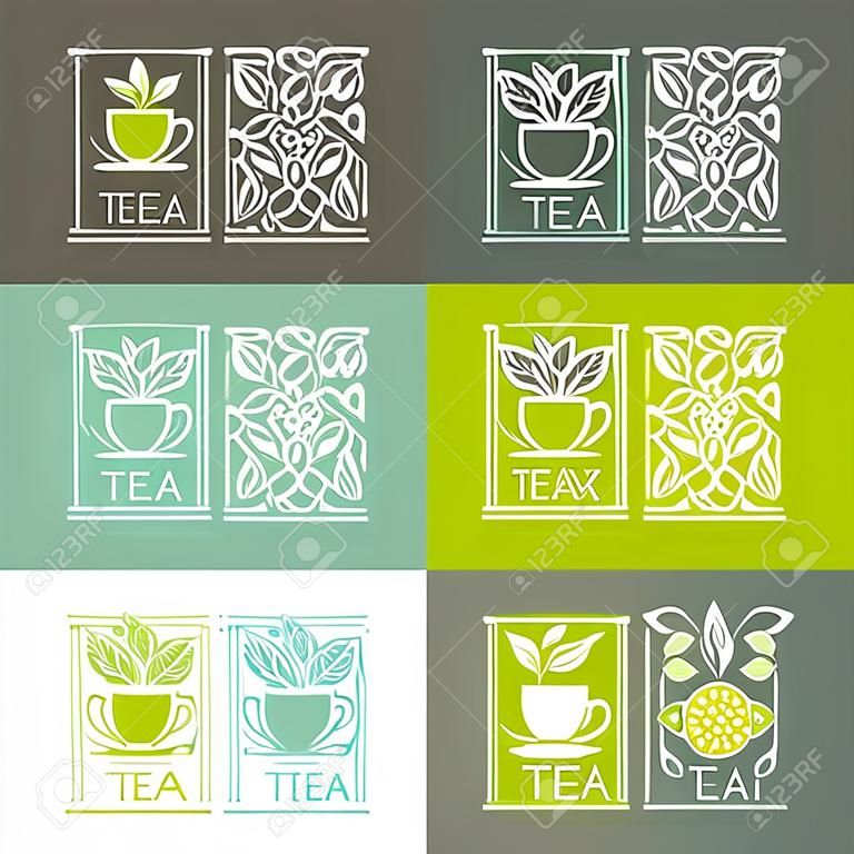 Vector meg a logó sablonok, jelvények divatos lineáris stílus - fekete, zöld, növényi és gyümölcs teák - csomagolás tervezés sablonok