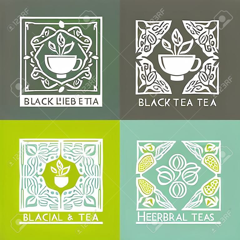 Vector set van logo design sjablonen en badges in trendy lineaire stijl - zwart, groen, kruiden- en fruitthee - verpakkingsdesign sjablonen