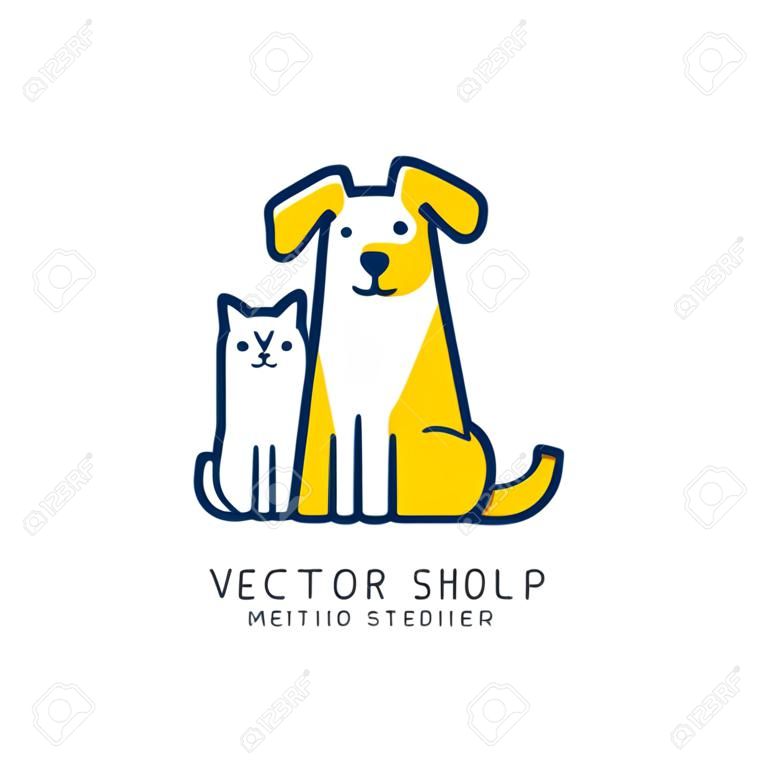 矢量标志设计模板宠物店兽医诊所和无家可归的动物收容所-单线图标猫和狗-徽章的网站和打印