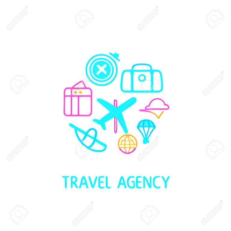 Modelo de design de logotipo vetorial em estilo linear moderno com ícones - conceitos de emblema e guia turístico da agência de viagens