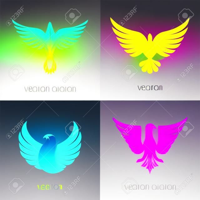 Vector disegno astratto modello in colori sfumati luminosi - uccello fenice e emblemi eagle