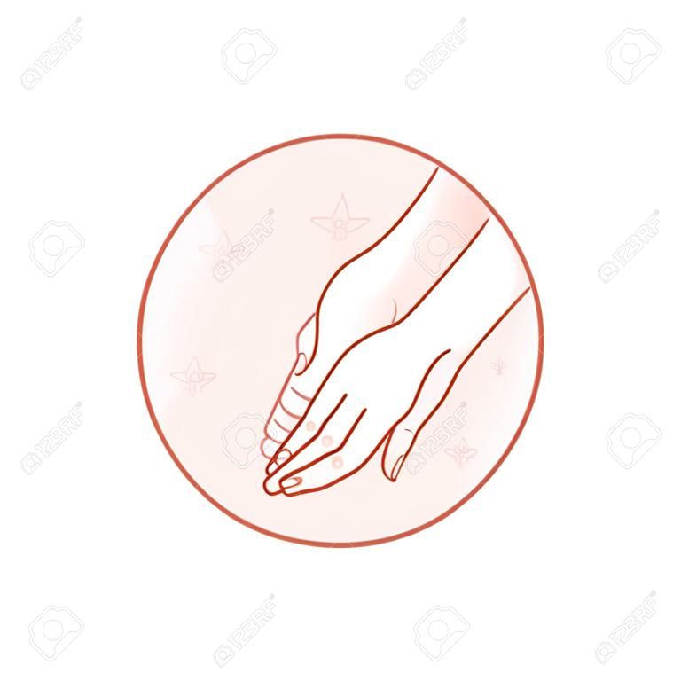Vector template design e illustrazione in stile lineare - distintivo cerchio con la mano della donna e - corpo e unghie cura e la bellezza spa concept per il salone di manicure