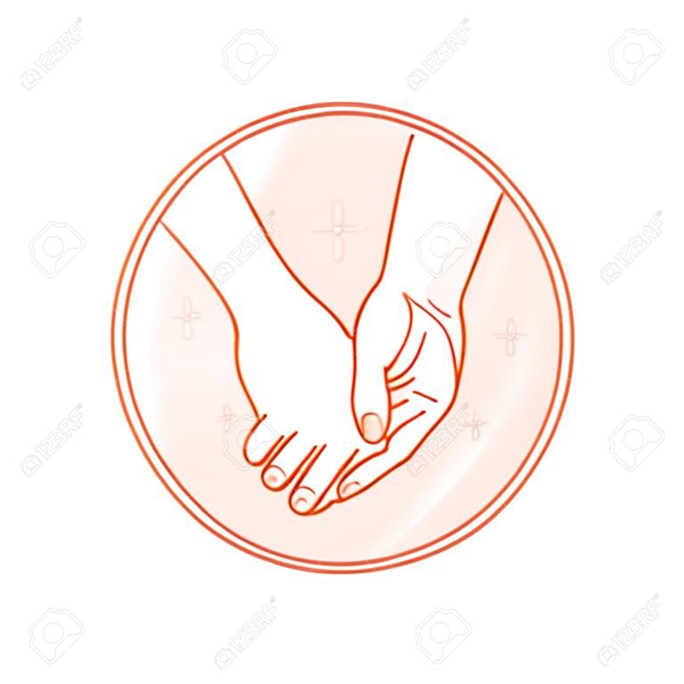 Vector plantilla de diseño e ilustración en estilo lineal - círculo insignia con la mano de la mujer y - cuerpo con uñas y el cuidado y la belleza concepto de spa para el salón de manicura