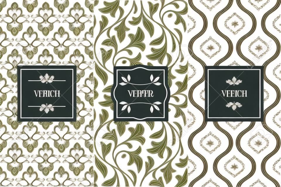 Vector set of design elements, seamless patterns and label templates for cosmetic and beauty product packaging or business card backgrounds with copy space for text, in trendy minimal linear style with floral ornaments and frames