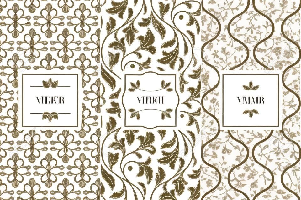 Vector set of design elements, seamless patterns and label templates for cosmetic and beauty product packaging or business card backgrounds with copy space for text, in trendy minimal linear style with floral ornaments and frames