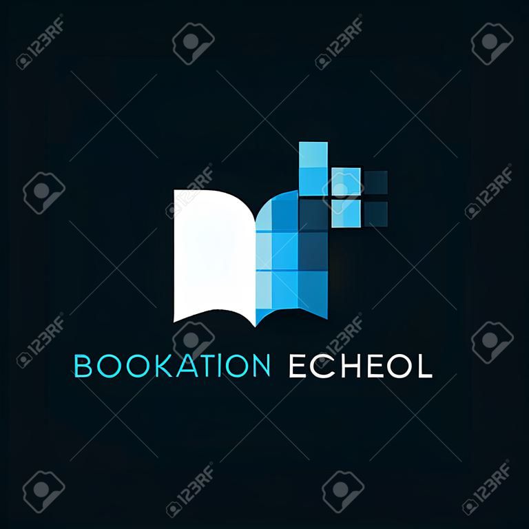 Vector streszczenie szablon projektu logo - koncepcja edukacji i uczenia się online - ikona książki i piksele - godło na kursy, zajęcia i szkoły