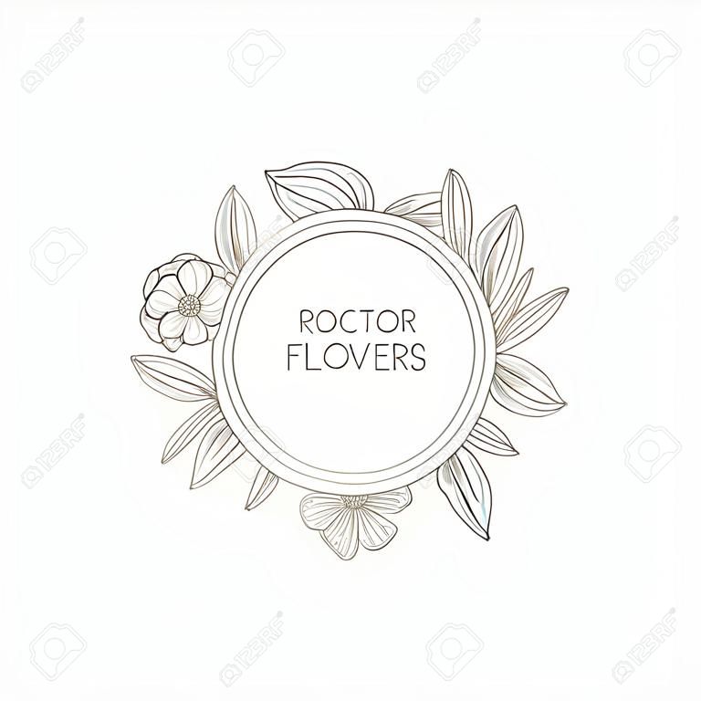 Vektör yuvarlak çiçek çerçeve ve moda trendy lineer tarzda metin için kopya alanı ile arka plan - düğün davetiyeleri, doğal kozmetik ambalaj, vintage tebrik kartları ve afiş için çiçek ve yaprakları ile logo Logosu