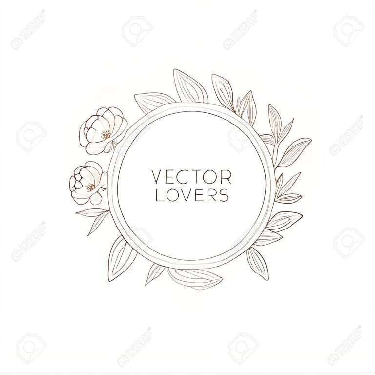 Vektör yuvarlak çiçek çerçeve ve moda trendy lineer tarzda metin için kopya alanı ile arka plan - düğün davetiyeleri, doğal kozmetik ambalaj, vintage tebrik kartları ve afiş için çiçek ve yaprakları ile logo Logosu