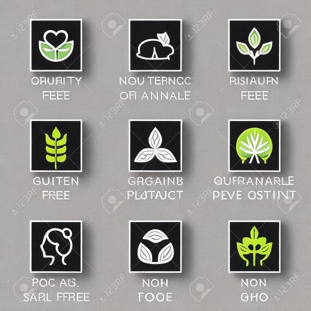 Vector set of design elements, logo design template, icons and badges for natural and organic cosmetics in trendy linear style - cruelty free, not tested on animals, paraben free, gluten free, organic product, sustainable development