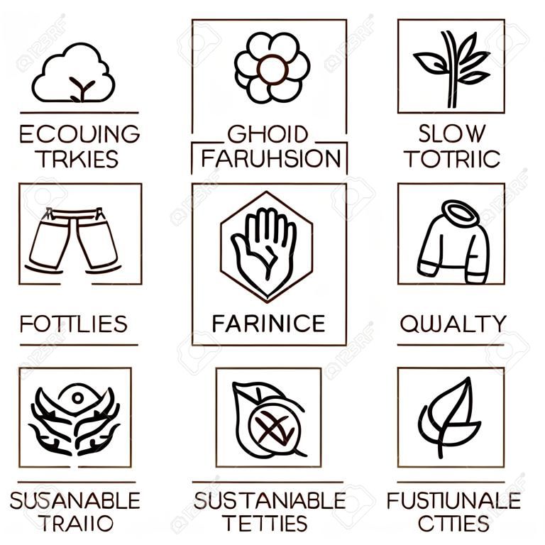 Wektor zestaw liniowych ikon i odznak związanych ze slow fashion i zrównoważonymi tkaninami, tkaninami, odzieżą i ubraniami - produkcja przyjazna dla środowiska i produkcja z certyfikatem sprawiedliwego handlu