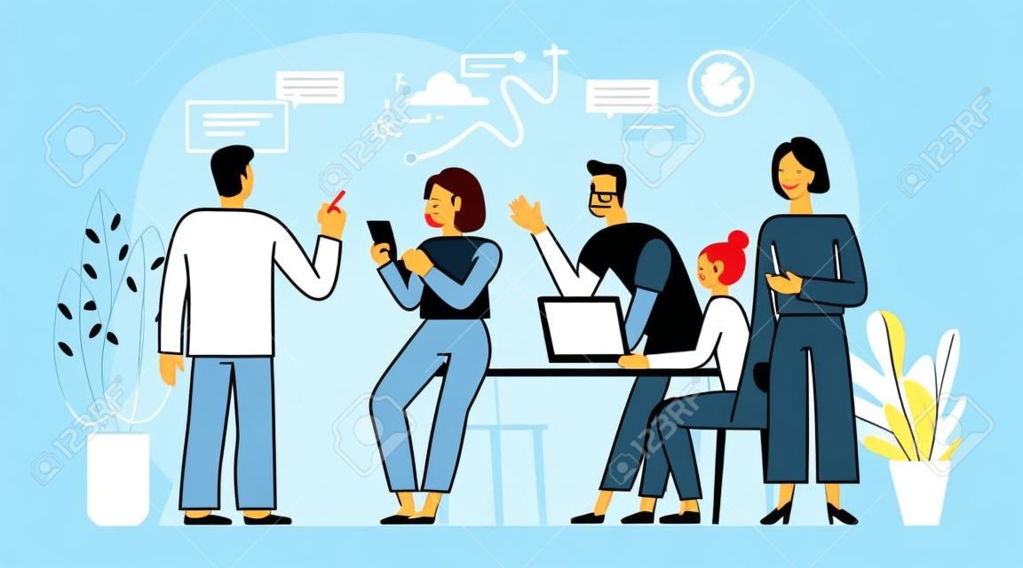 Vector illustration in simple flat linear style with smiling cartoon characters - teamwork and cooperation concept - men and women sitting at the desk with laptop - meeting and conference