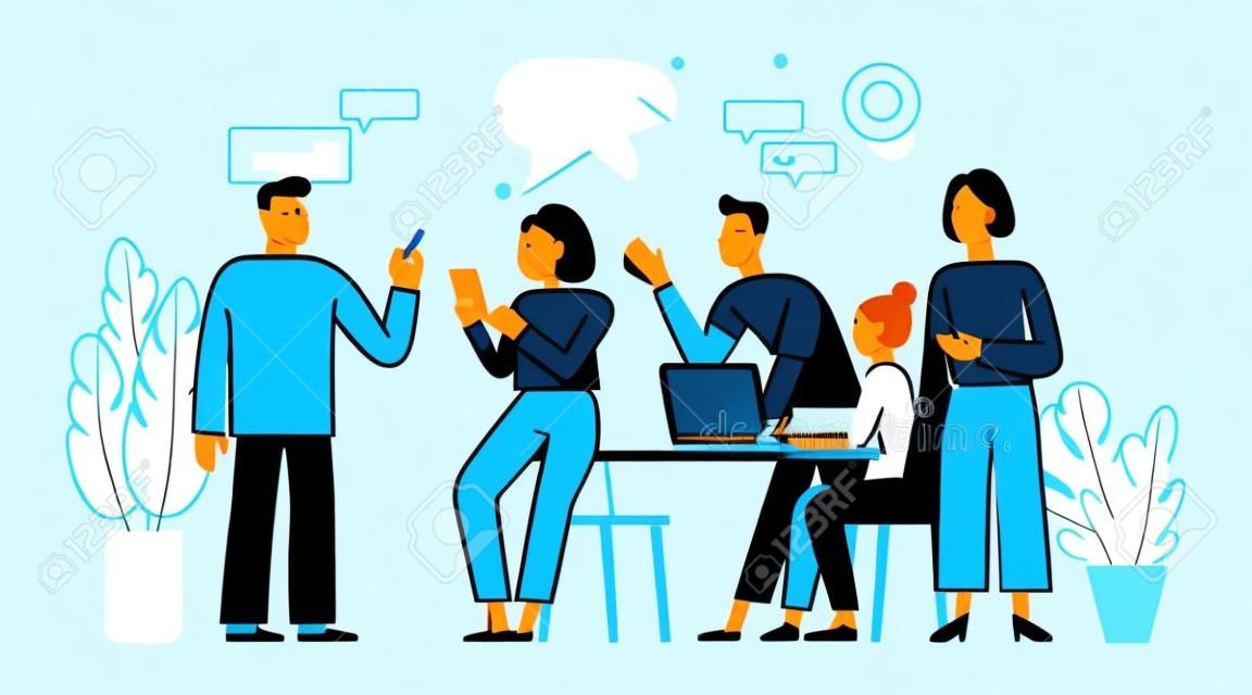 Vector illustration in simple flat linear style with smiling cartoon characters - teamwork and cooperation concept - men and women sitting at the desk with laptop - meeting and conference