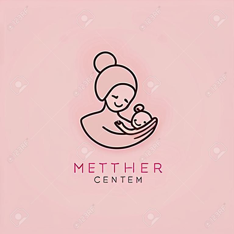 Vektor-Logo-Design-Vorlage und Emblem im einfachen Linienstil - glückliche Mutter und Kind - Abzeichen für Kinderladen und Babypflegezentren